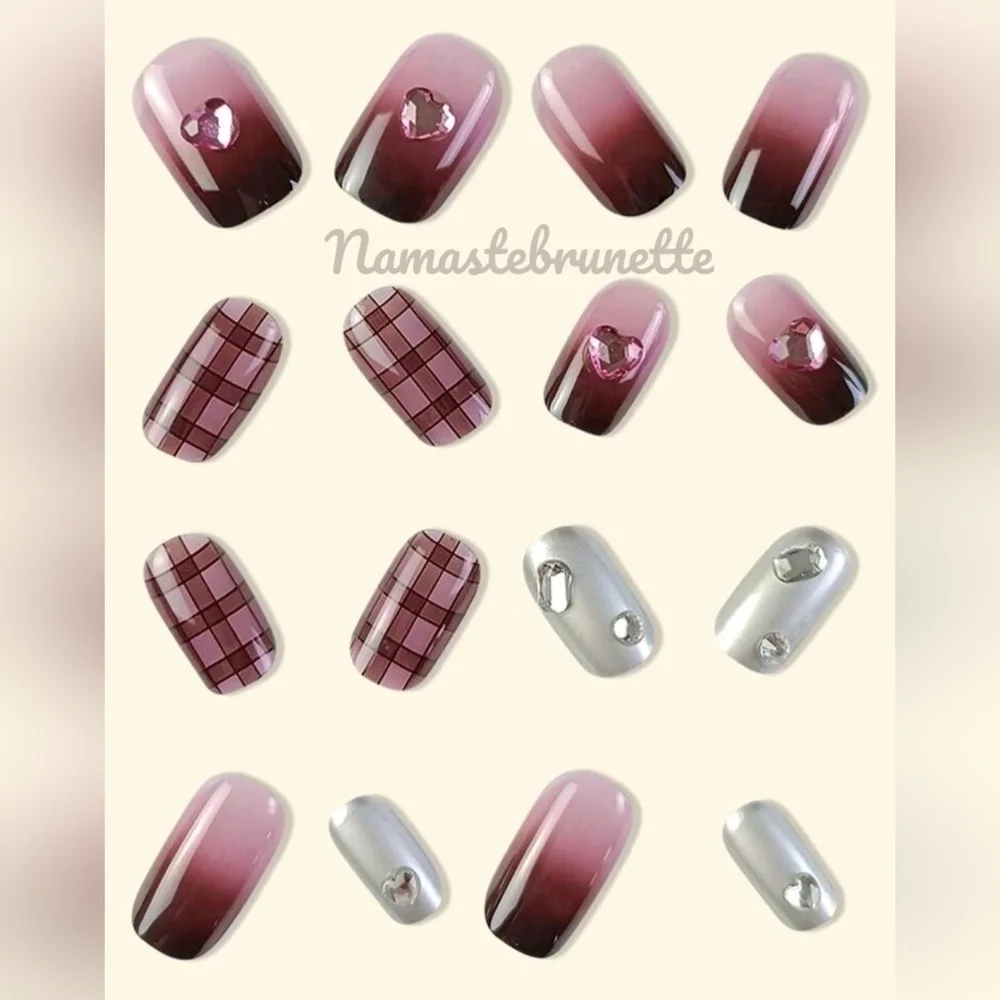 3D Rhinestone Hearts Plaid Press On Nails